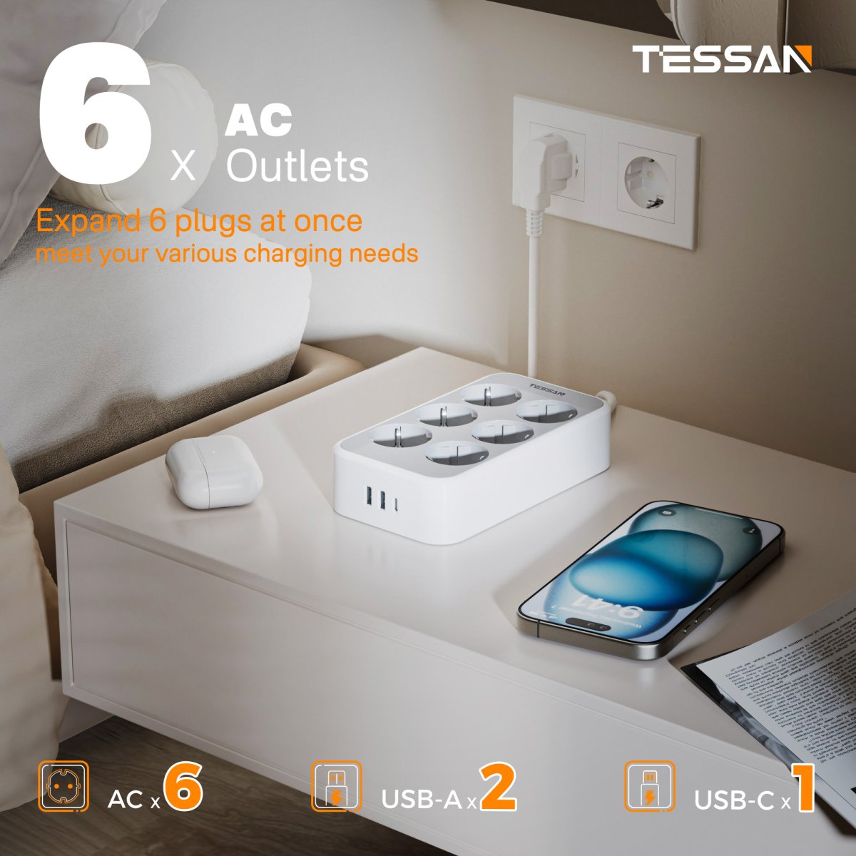 TESSAN European 9-Way Extension Cords with USB, Power Strip with 6 DE Outlets and USB C, Multiple Plugs with Fast Charging