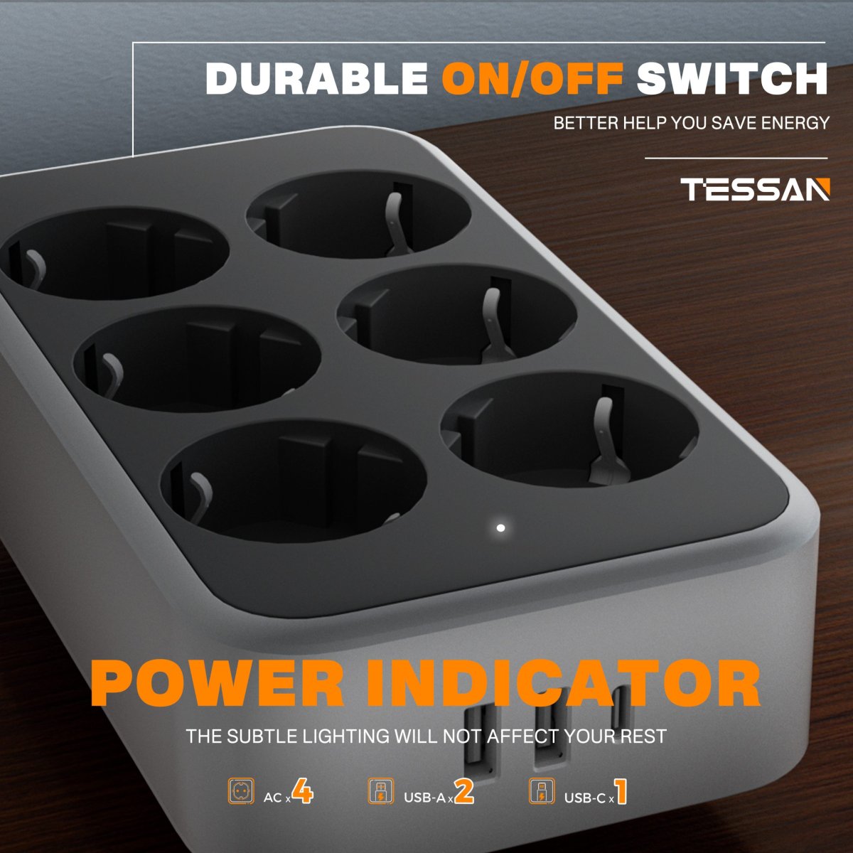 TESSAN European 9-Way Extension Cords with USB, Power Strip with 6 DE Outlets and USB C, Multiple Plugs with Fast Charging