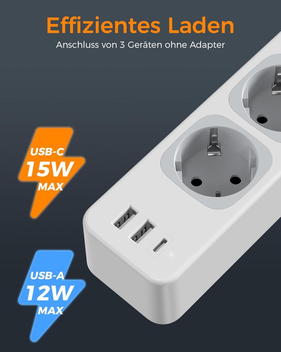TESSAN European Extension Cords with USB, 7-in-1 Power Strip with Switch, Multiple Plug 3600W Extension Lead with 2M Cable