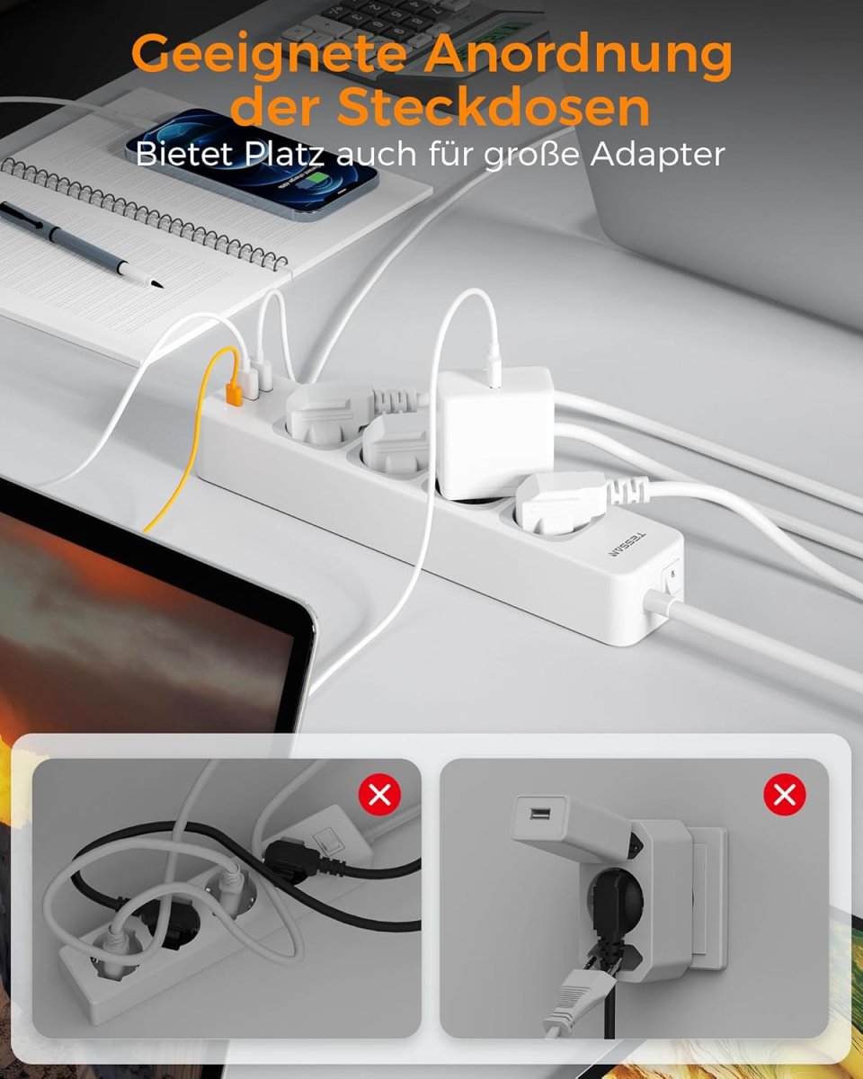 TESSAN European Extension Cords with USB, 7-in-1 Power Strip with Switch, Multiple Plug 3600W Extension Lead with 2M Cable