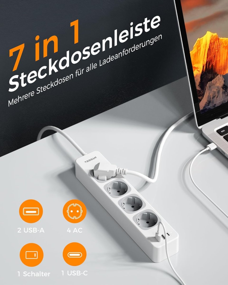 TESSAN European Extension Cords with USB, 7-in-1 Power Strip with Switch, Multiple Plug 3600W Extension Lead with 2M Cable