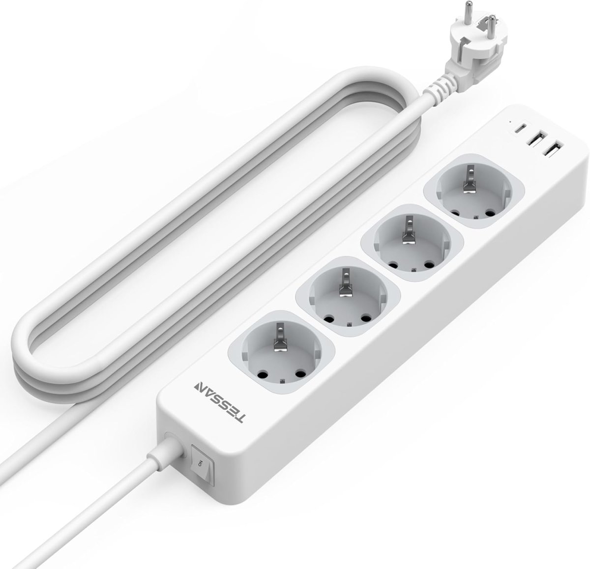 TESSAN European Extension Cords with USB, 7-in-1 Power Strip with Switch, Multiple Plug 3600W Extension Lead with 2M Cable