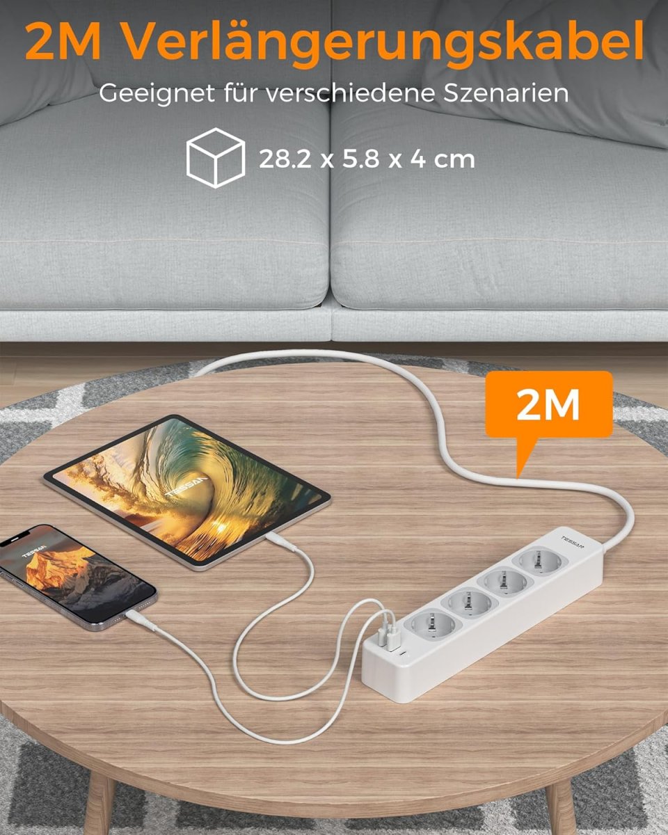 TESSAN European Extension Cords with USB, 7-in-1 Power Strip with Switch, Multiple Plug 3600W Extension Lead with 2M Cable