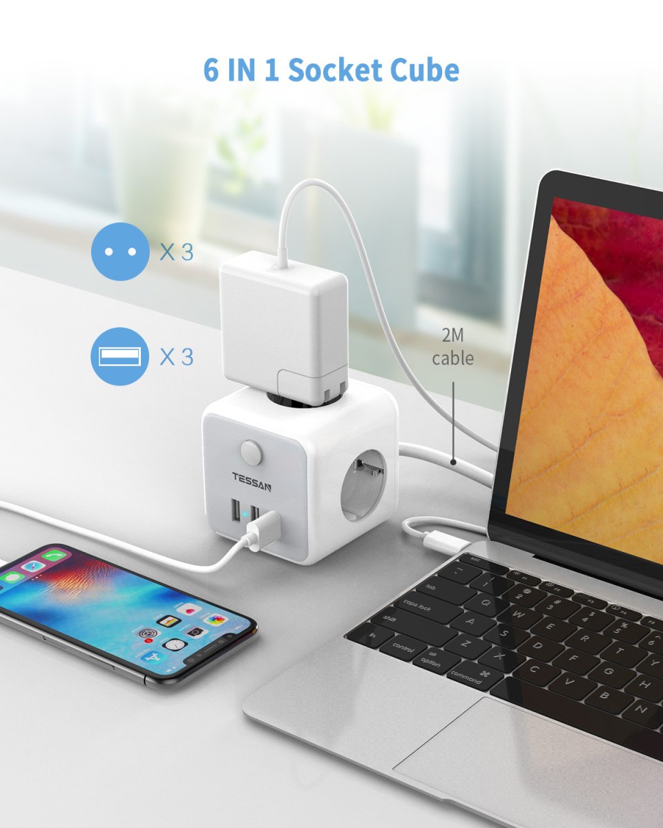 TESSAN European Power Strip with 3 DE Outlets, 3-Way Extension Cable, 2M Socket Cube, Multiple Plug with Switch and USB C