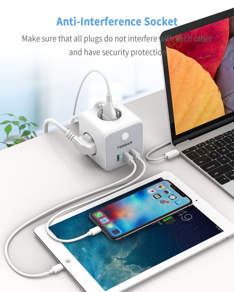 TESSAN European Power Strip with 3 DE Outlets, 3-Way Extension Cable, 2M Socket Cube, Multiple Plug with Switch and USB C