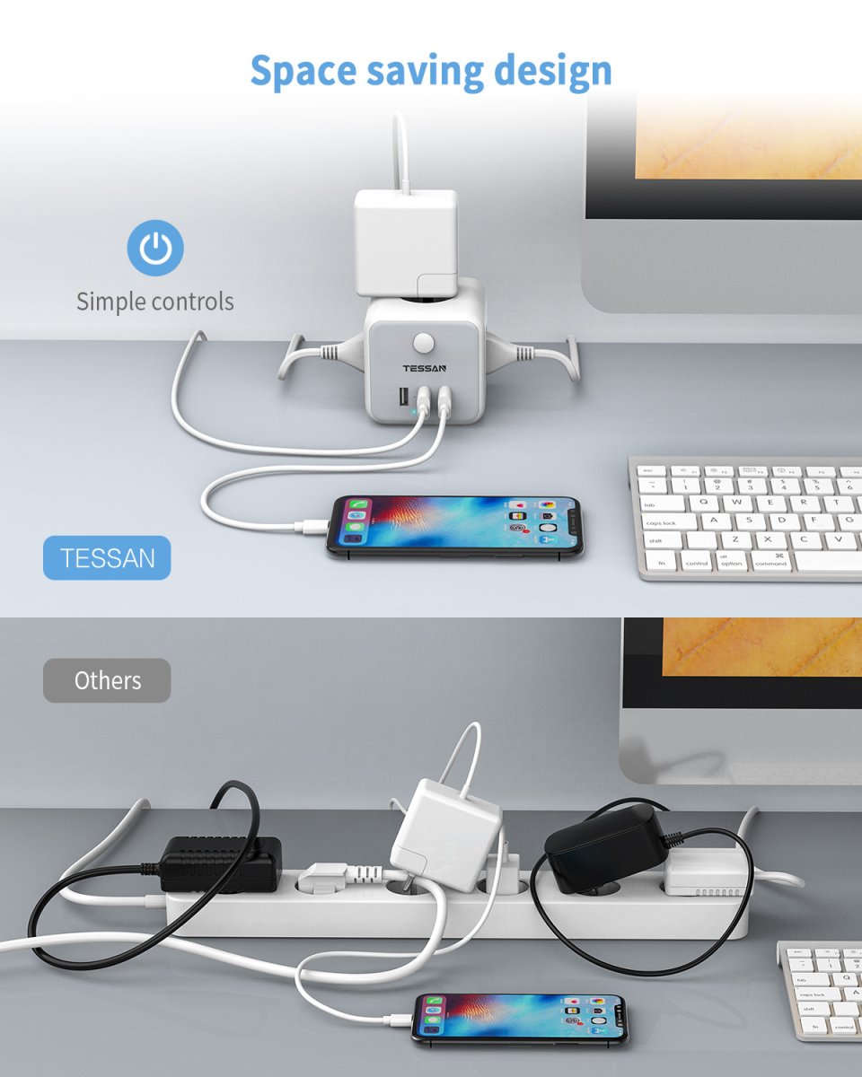 TESSAN European Power Strip with 3 DE Outlets, 3-Way Extension Cable, 2M Socket Cube, Multiple Plug with Switch and USB C
