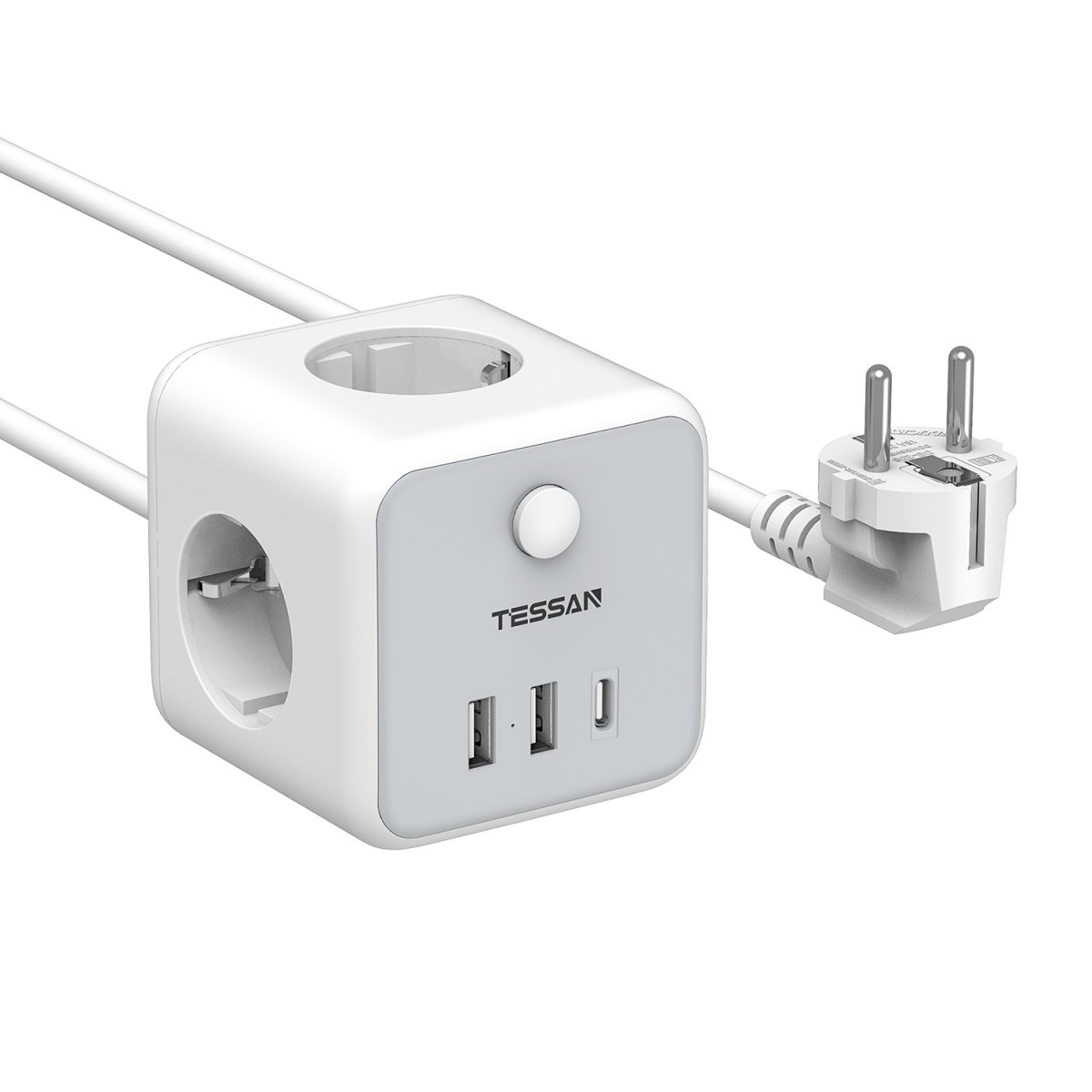 TESSAN European Power Strip with 3 DE Outlets, 3-Way Extension Cable, 2M Socket Cube, Multiple Plug with Switch and USB C