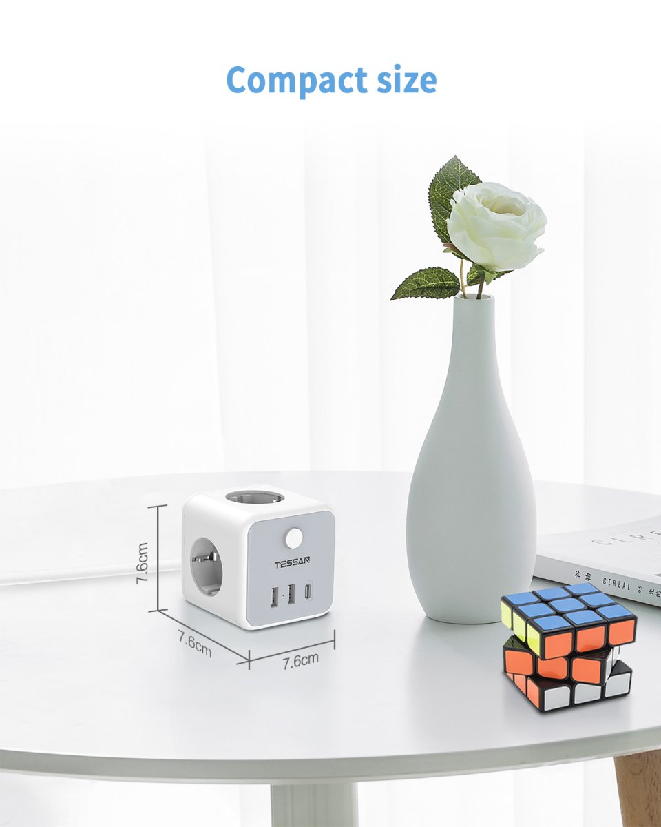 TESSAN European Power Strip with 3 DE Outlets, 3-Way Extension Cable, 2M Socket Cube, Multiple Plug with Switch and USB C