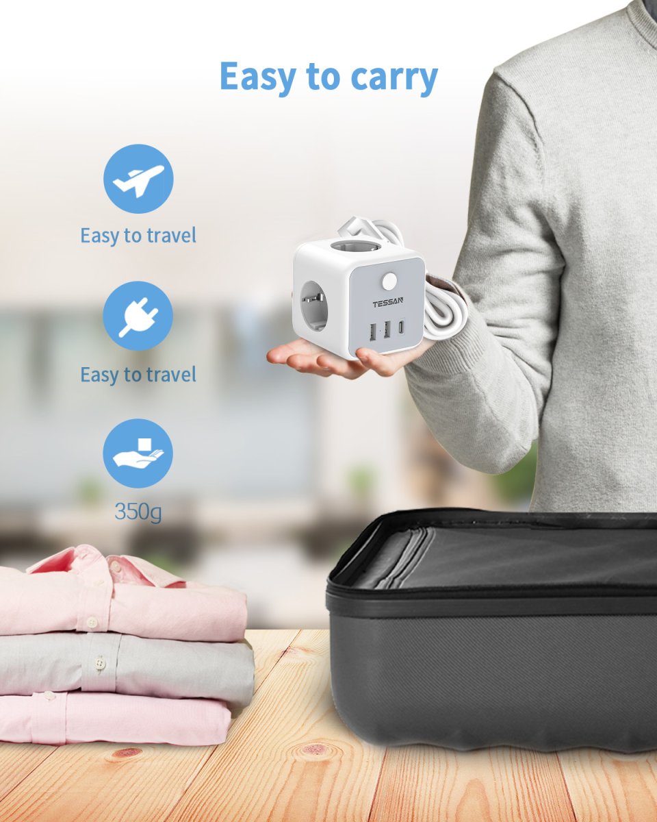 TESSAN European Power Strip with 3 DE Outlets, 3-Way Extension Cable, 2M Socket Cube, Multiple Plug with Switch and USB C