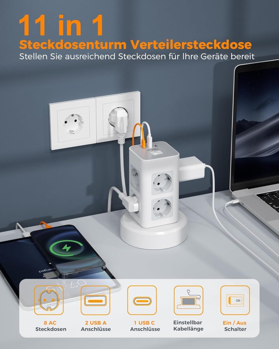 TESSAN European Tower Power Strip with USB C, 8-Way Sockets with 2M Retractable Extension Cable, Multiple Plugs Extension Cords