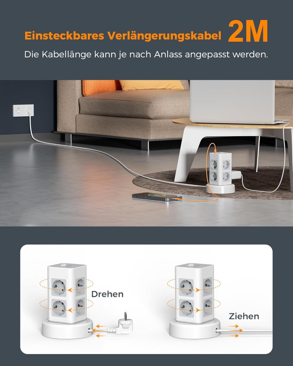 TESSAN European Tower Power Strip with USB C, 8-Way Sockets with 2M Retractable Extension Cable, Multiple Plugs Extension Cords
