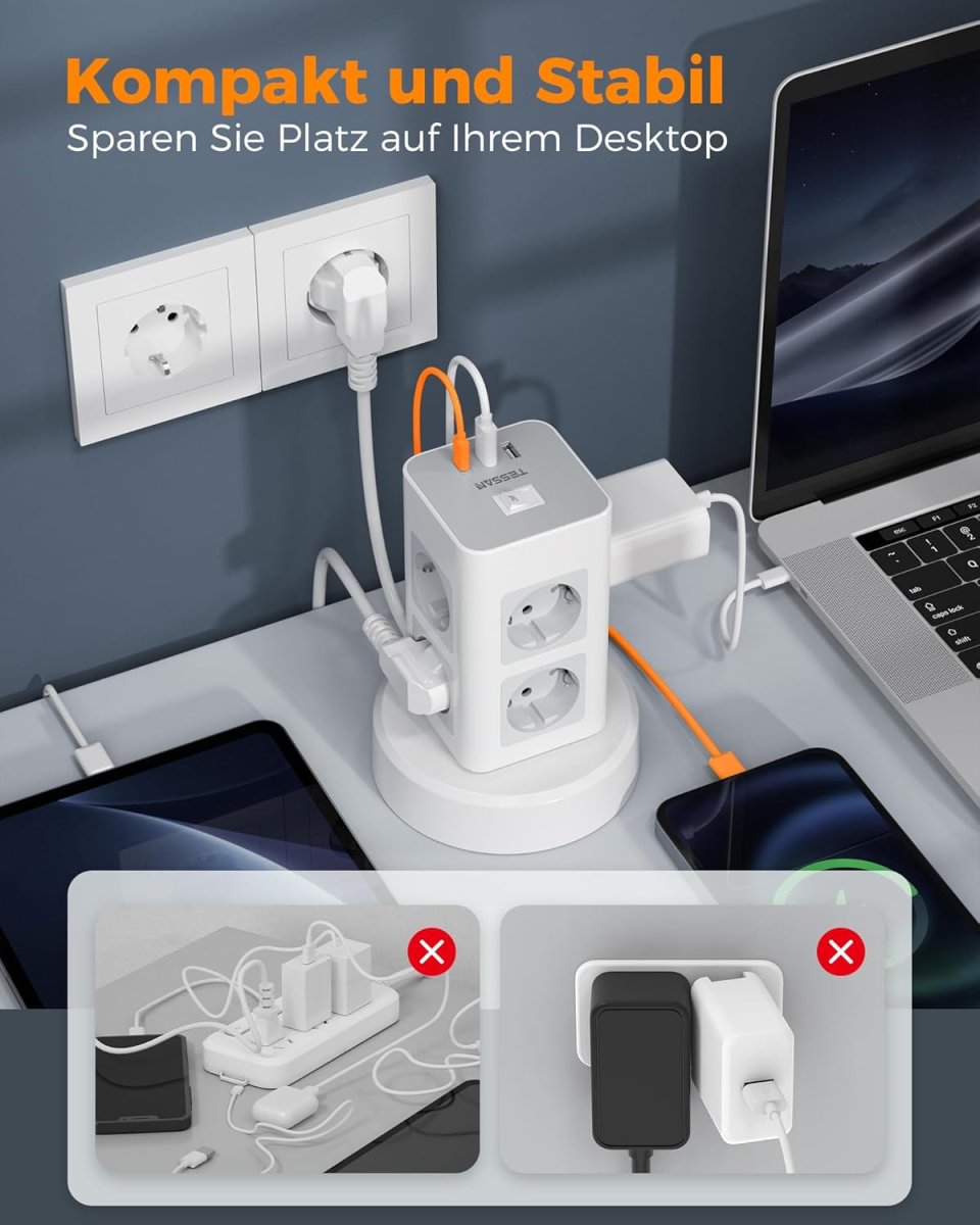 TESSAN European Tower Power Strip with USB C, 8-Way Sockets with 2M Retractable Extension Cable, Multiple Plugs Extension Cords