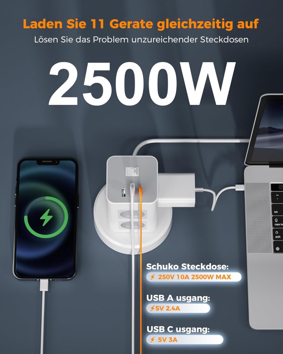 TESSAN European Tower Power Strip with USB C, 8-Way Sockets with 2M Retractable Extension Cable, Multiple Plugs Extension Cords