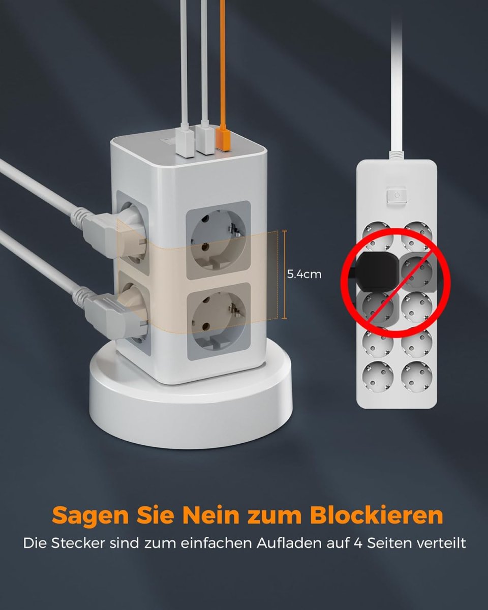 TESSAN European Tower Power Strip with USB C, 8-Way Sockets with 2M Retractable Extension Cable, Multiple Plugs Extension Cords