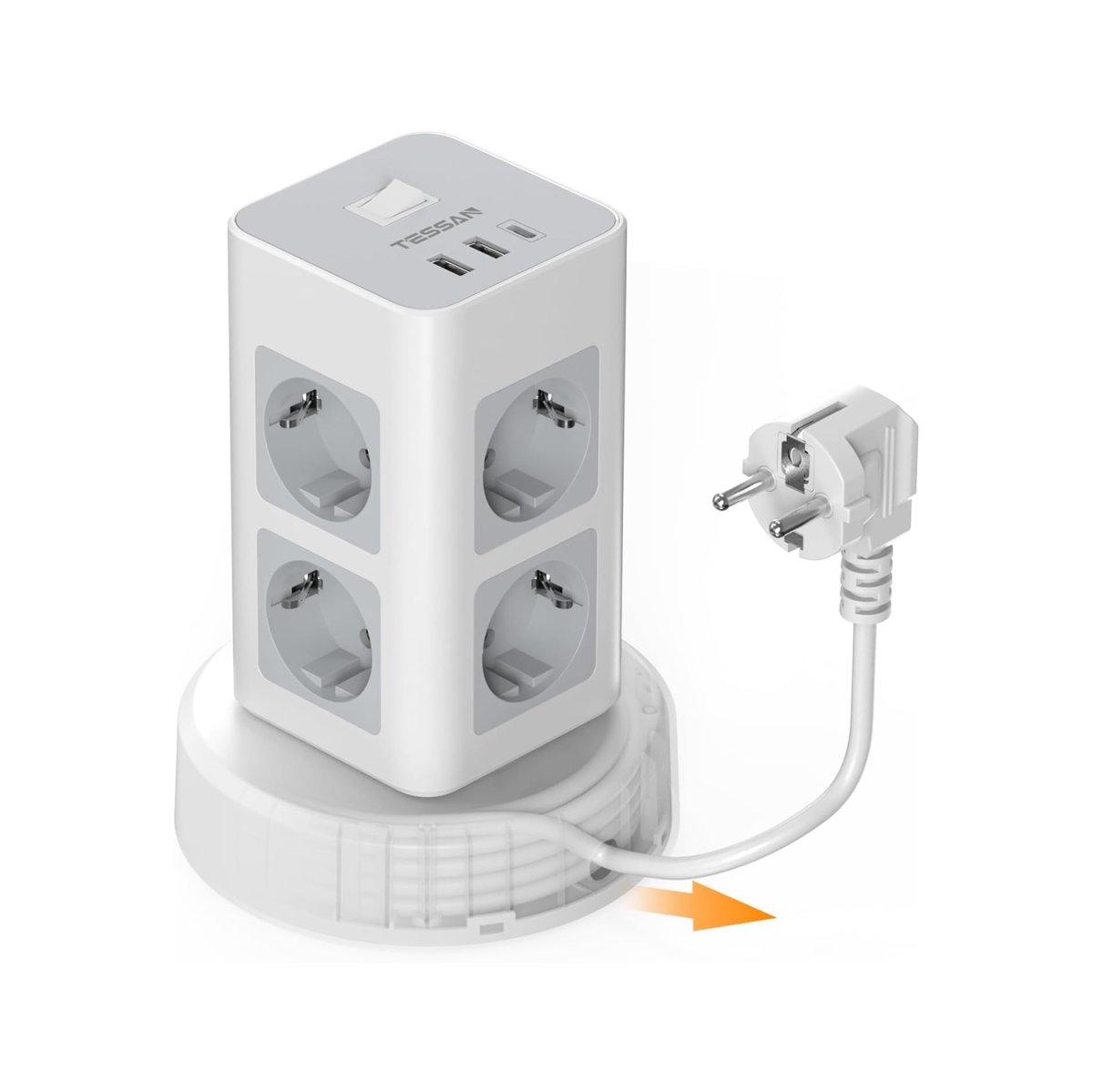 TESSAN European Tower Power Strip with USB C, 8-Way Sockets with 2M Retractable Extension Cable, Multiple Plugs Extension Cords