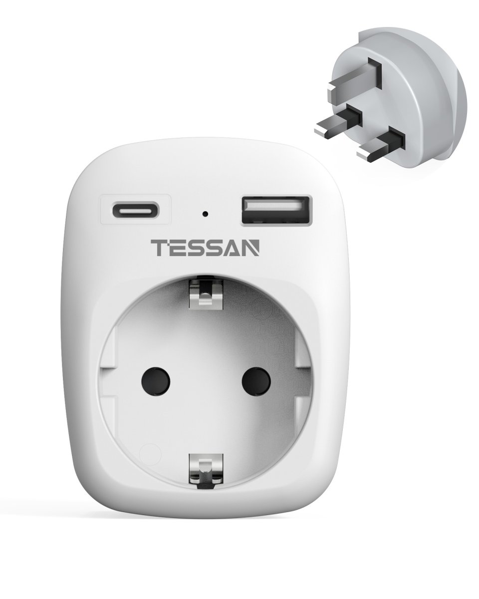 TESSAN European Travel Adapter England Germany Plug, 3-in-1 Socket Adapter England with 1 USB C and 1 USB A, 3250W UK Adapter
