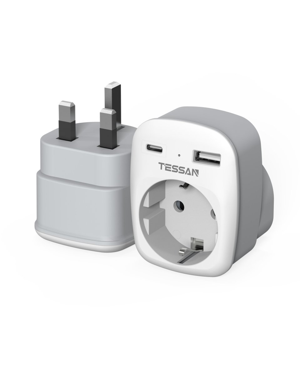 TESSAN European Travel Adapter England Germany Plug, 3-in-1 Socket Adapter England with 1 USB C and 1 USB A, 3250W UK Adapter
