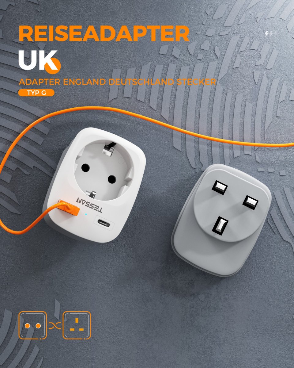 TESSAN European Travel Adapter England Germany Plug, 3-in-1 Socket Adapter England with 1 USB C and 1 USB A, 3250W UK Adapter