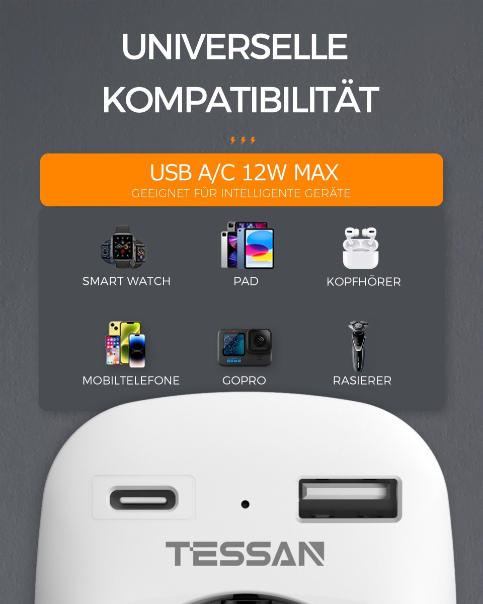TESSAN European Travel Adapter England Germany Plug, 3-in-1 Socket Adapter England with 1 USB C and 1 USB A, 3250W UK Adapter