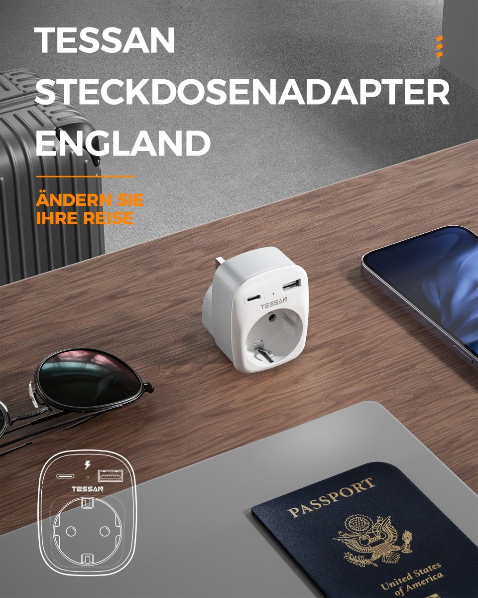 TESSAN European Travel Adapter England Germany Plug, 3-in-1 Socket Adapter England with 1 USB C and 1 USB A, 3250W UK Adapter