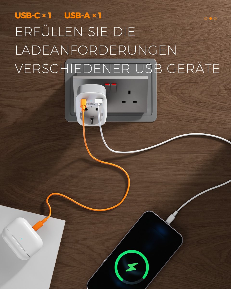 TESSAN European Travel Adapter England Germany Plug, 3-in-1 Socket Adapter England with 1 USB C and 1 USB A, 3250W UK Adapter