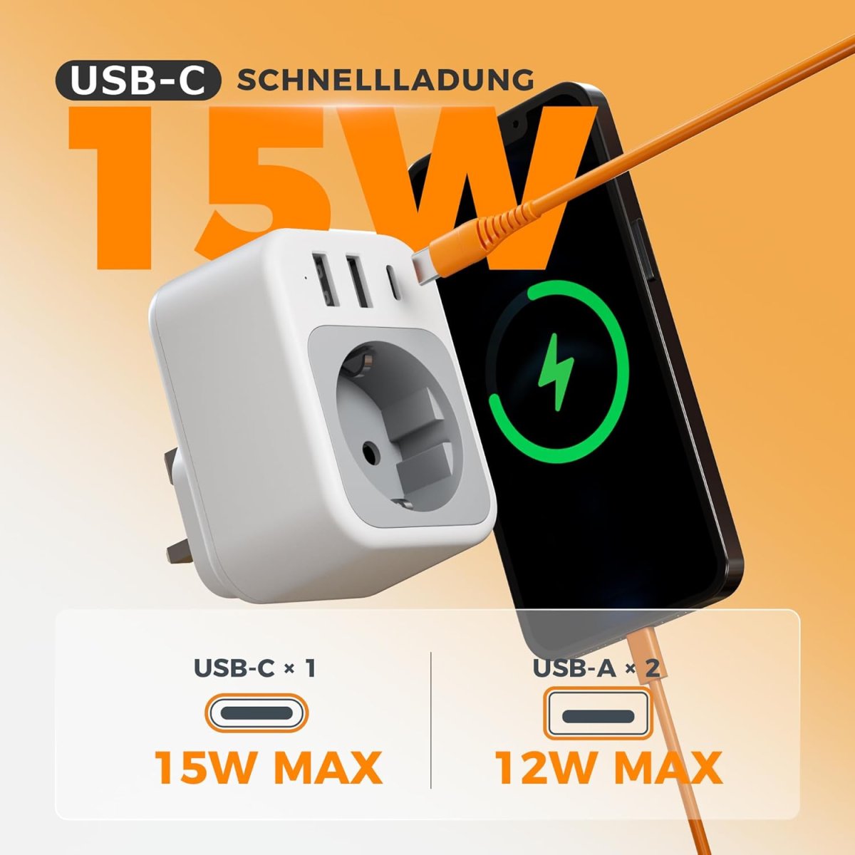 TESSAN European Travel Adapter England Germany Plug with USB, Portable Power UK Adapter to EU, Travel Plug Type G