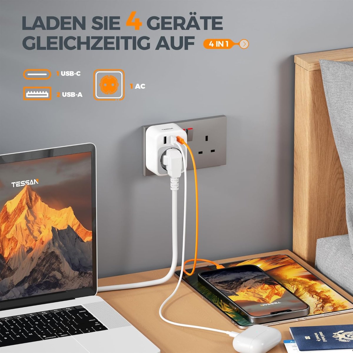 TESSAN European Travel Adapter England Germany Plug with USB, Portable Power UK Adapter to EU, Travel Plug Type G