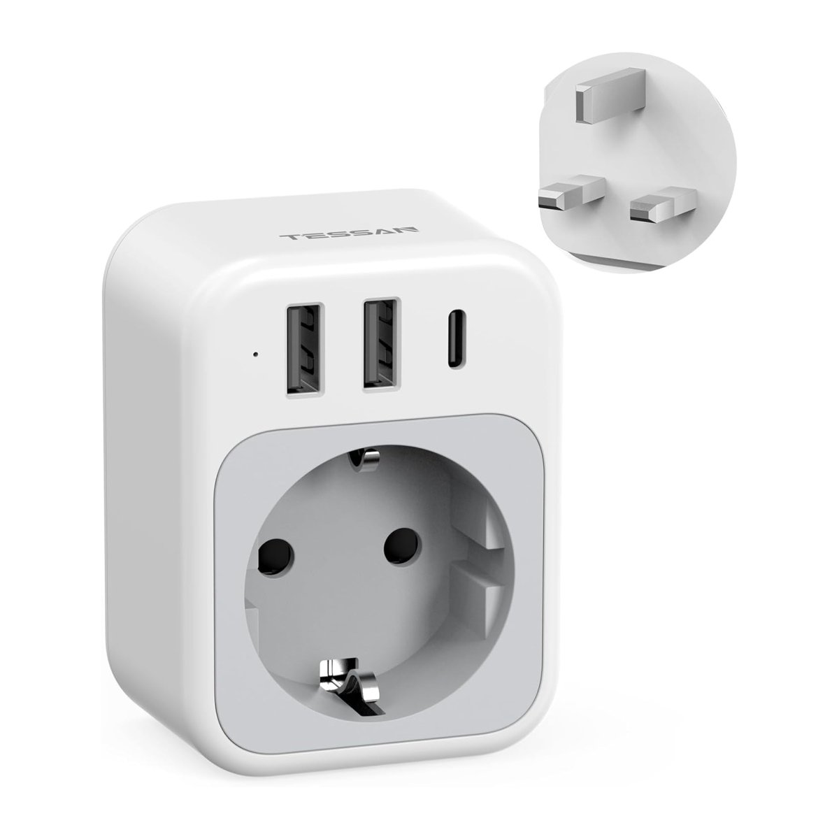 TESSAN European Travel Adapter England Germany Plug with USB, Portable Power UK Adapter to EU, Travel Plug Type G
