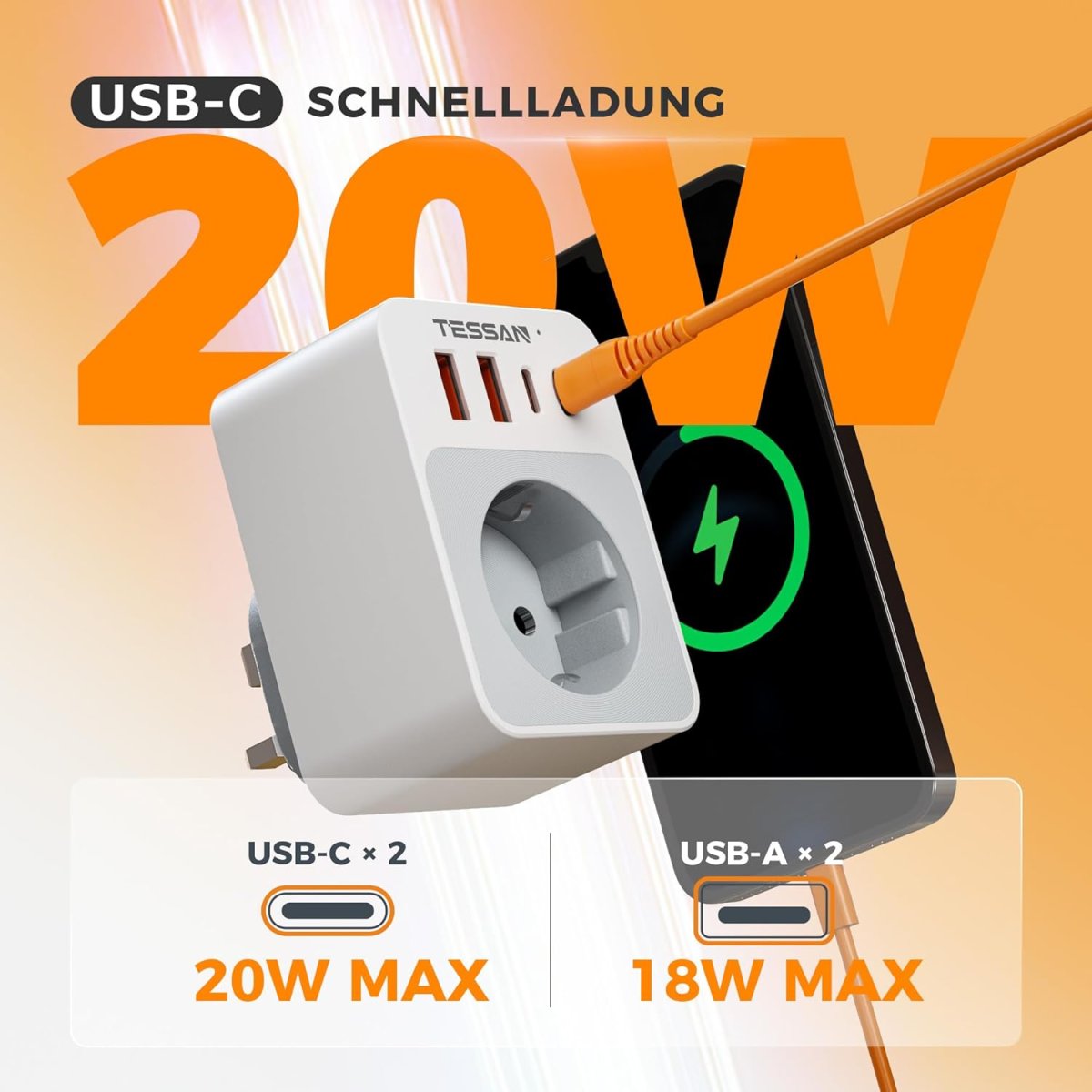 TESSAN European Travel Adapter England Germany Plug with USB, Small Folding Design, 20W Quick Charge, 3250W UK Adapter to EU