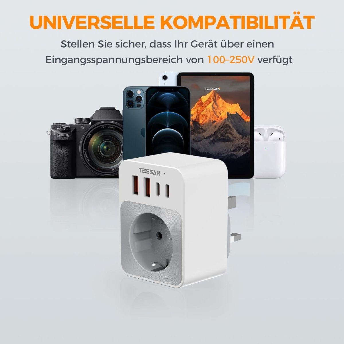 TESSAN European Travel Adapter England Germany Plug with USB, Small Folding Design, 20W Quick Charge, 3250W UK Adapter to EU