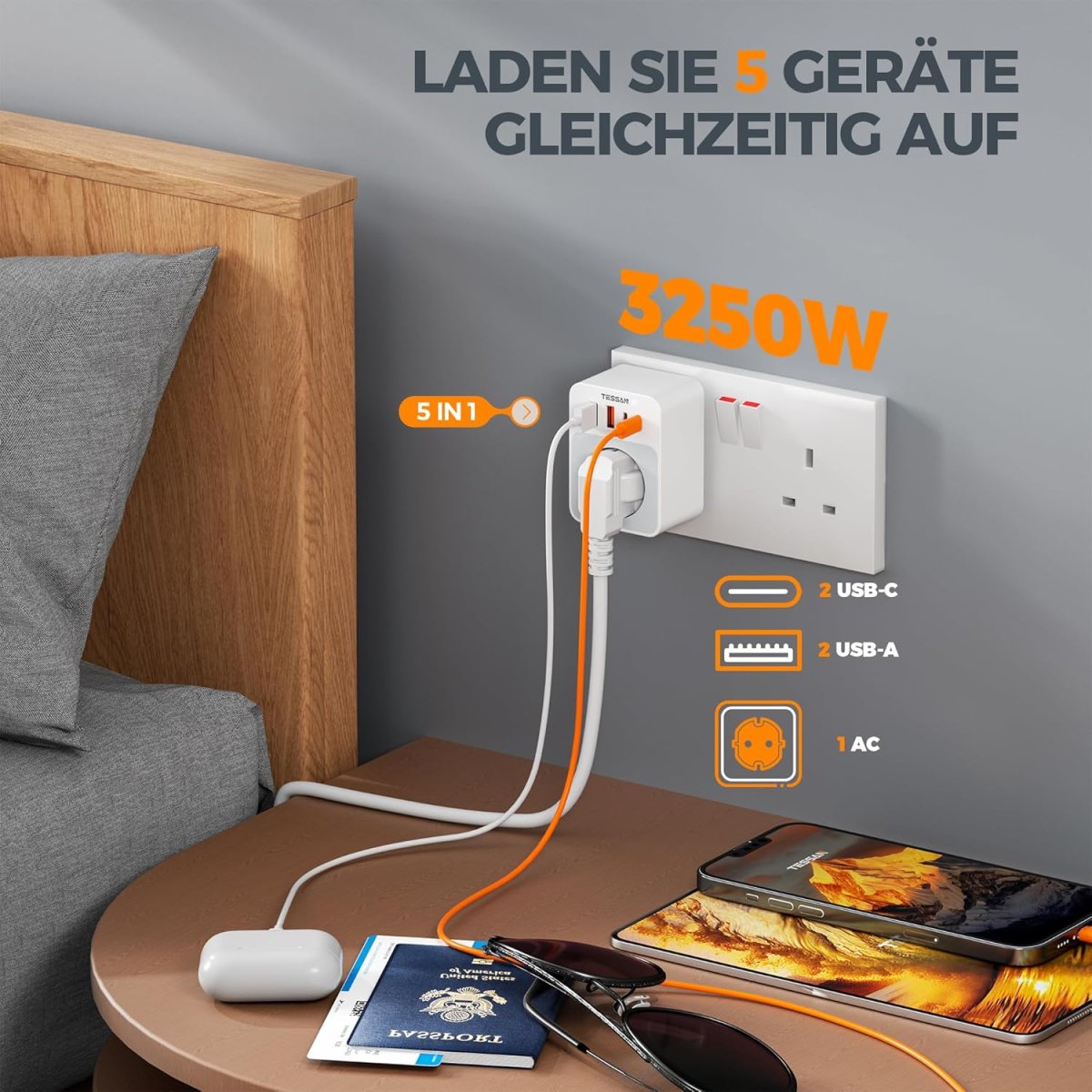 TESSAN European Travel Adapter England Germany Plug with USB, Small Folding Design, 20W Quick Charge, 3250W UK Adapter to EU