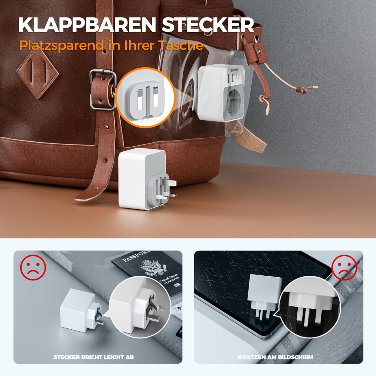 TESSAN European Travel Adapter England Germany Plug with USB, Small Folding Design, 20W Quick Charge, 3250W UK Adapter to EU