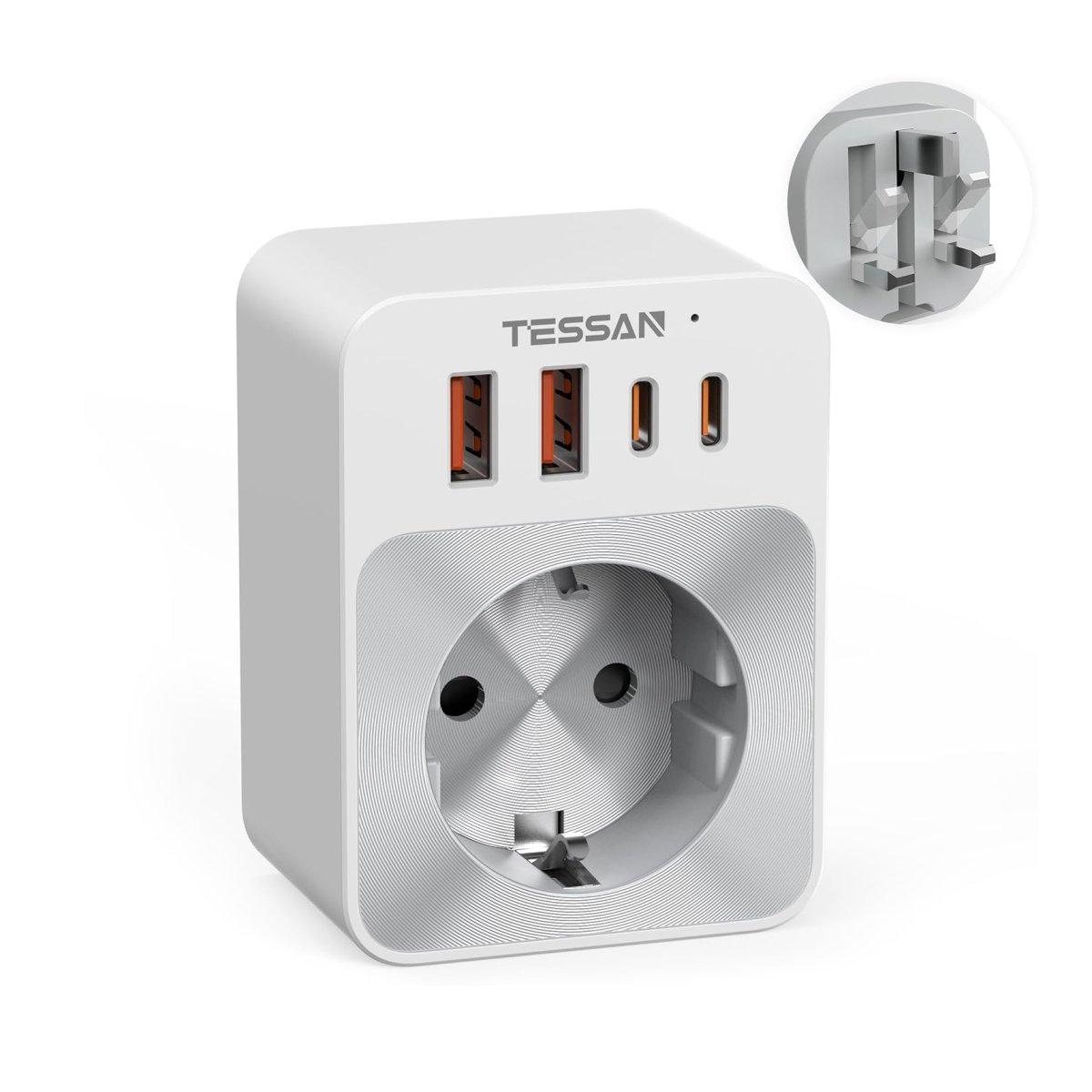 TESSAN European Travel Adapter England Germany Plug with USB, Small Folding Design, 20W Quick Charge, 3250W UK Adapter to EU
