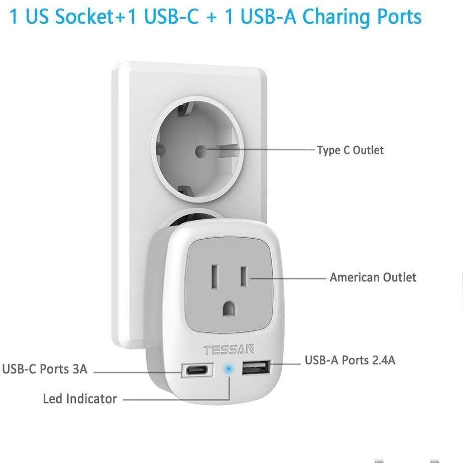 TESSAN European Travel Plug Adapter, International Power Plug with 2 USB Ports (1 USB C), Travel Adaptor for US to Most of Europe EU