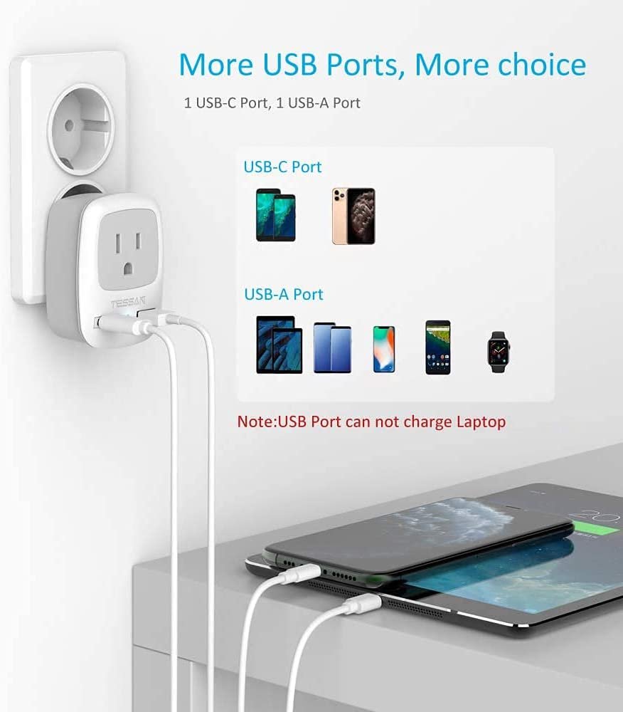 TESSAN European Travel Plug Adapter, International Power Plug with 2 USB Ports (1 USB C), Travel Adaptor for US to Most of Europe EU