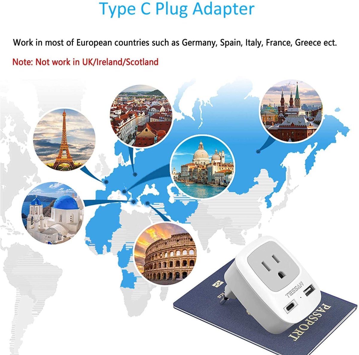 TESSAN European Travel Plug Adapter, International Power Plug with 2 USB Ports (1 USB C), Travel Adaptor for US to Most of Europe EU
