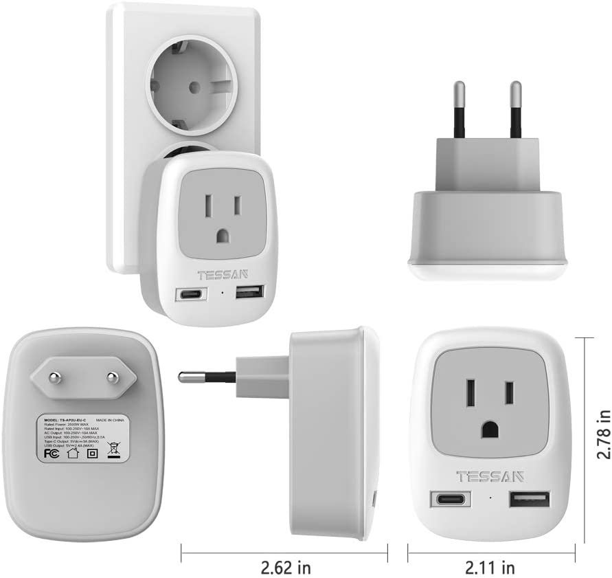 TESSAN European Travel Plug Adapter, International Power Plug with 2 USB Ports (1 USB C), Travel Adaptor for US to Most of Europe EU