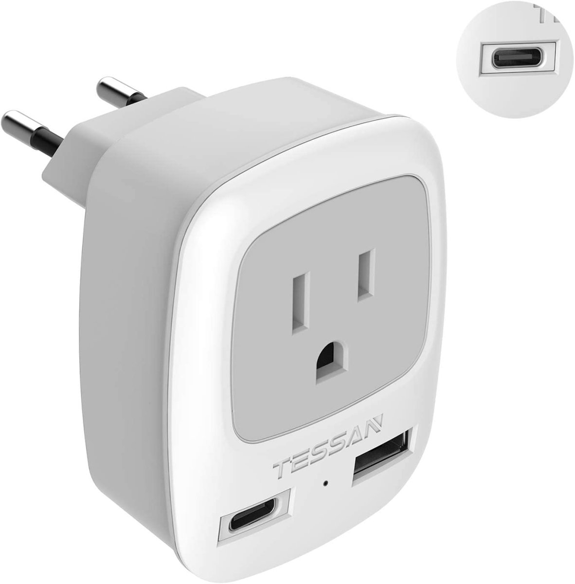TESSAN European Travel Plug Adapter, International Power Plug with 2 USB Ports (1 USB C), Travel Adaptor for US to Most of Europe EU