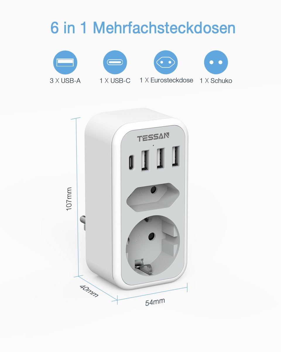 TESSAN European Wall Outlet, Multiple Sockets with 4 USB Power Plugs, 2-way Plugs, Socket Distributor 3600W