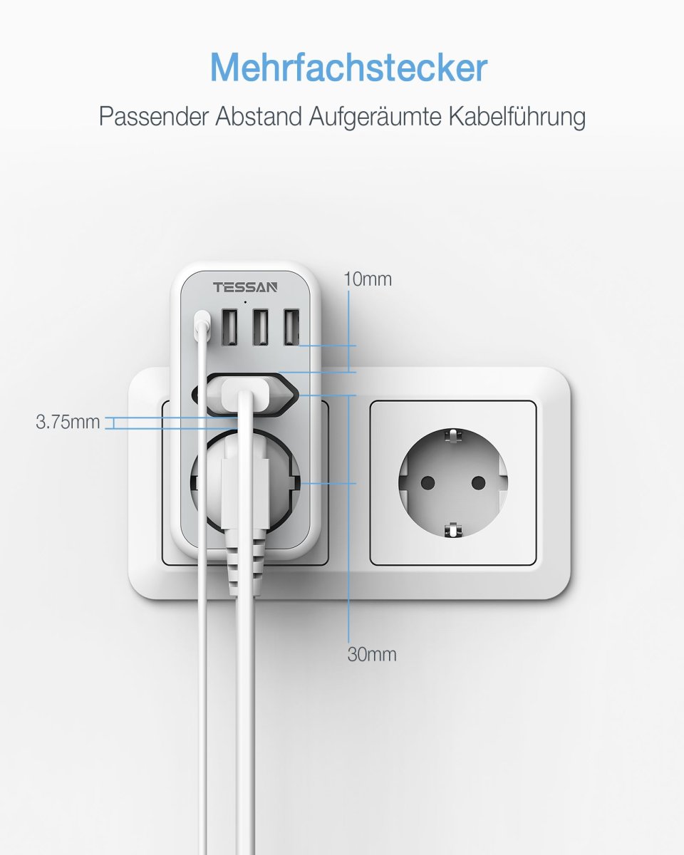 TESSAN European Wall Outlet, Multiple Sockets with 4 USB Power Plugs, 2-way Plugs, Socket Distributor 3600W