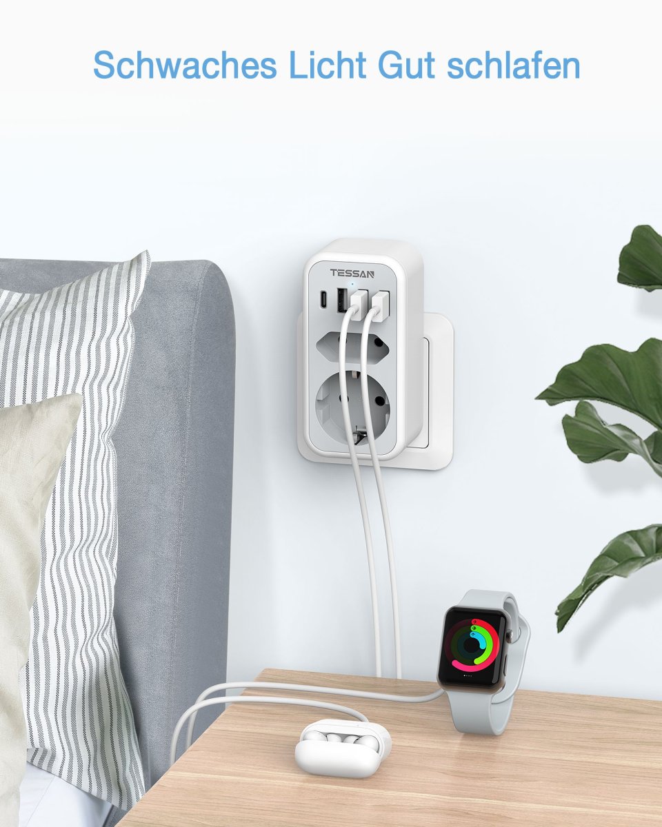 TESSAN European Wall Outlet, Multiple Sockets with 4 USB Power Plugs, 2-way Plugs, Socket Distributor 3600W