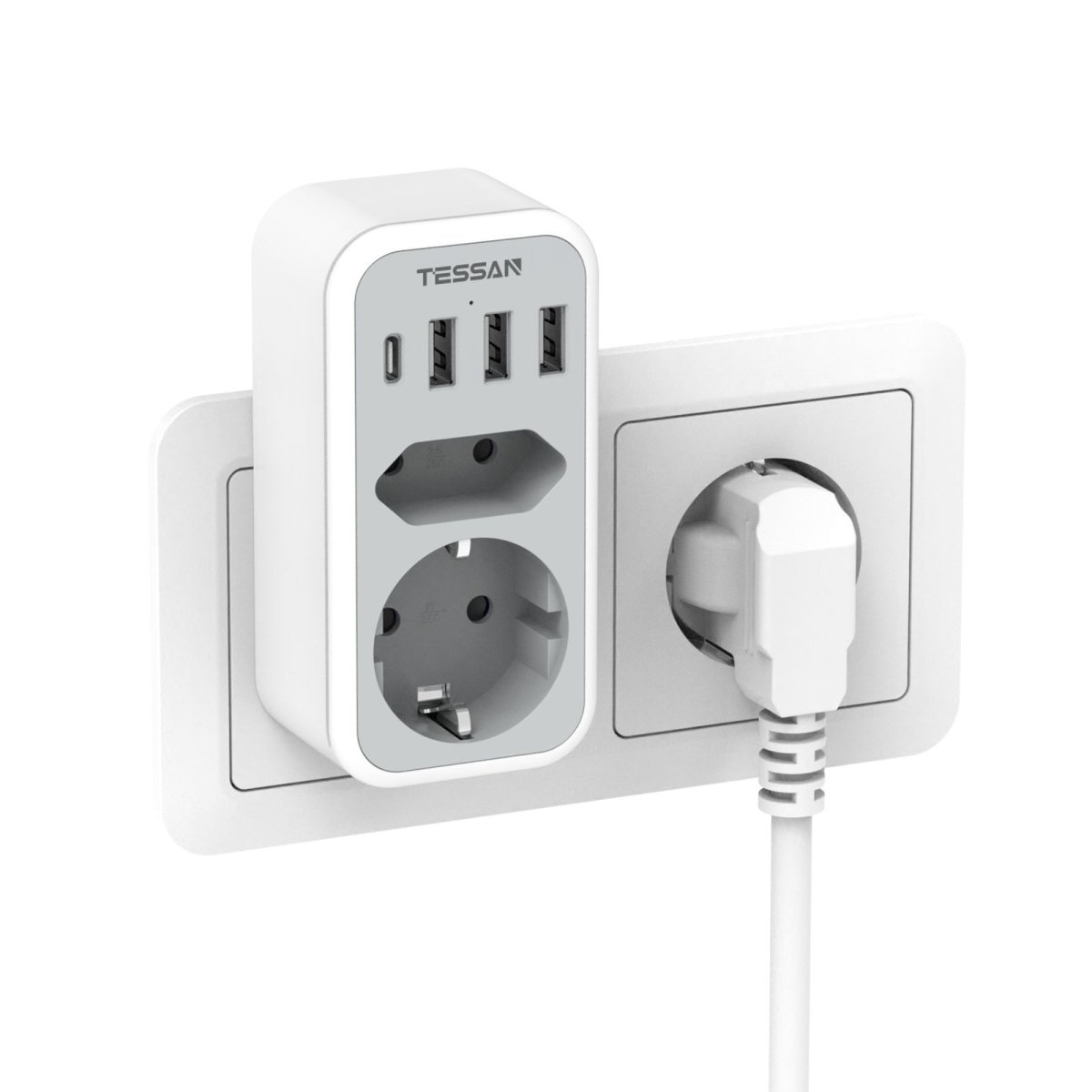 TESSAN European Wall Outlet, Multiple Sockets with 4 USB Power Plugs, 2-way Plugs, Socket Distributor 3600W