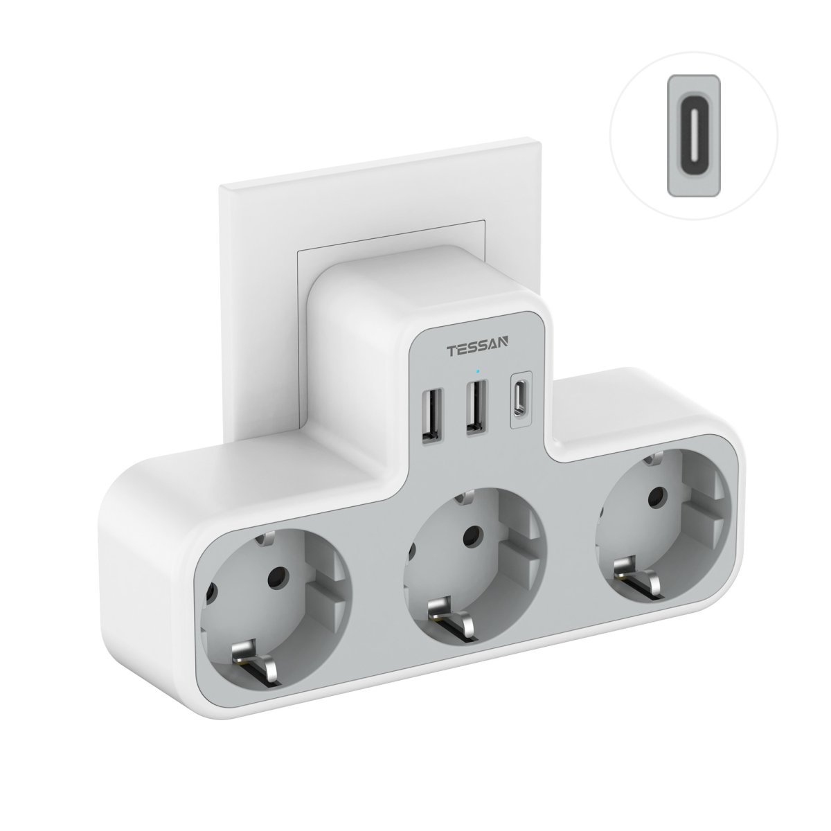 TESSAN European Wall Outlet, Socket Adapter, 3 DE Outlets with USB C, Multiple Plugs for charging