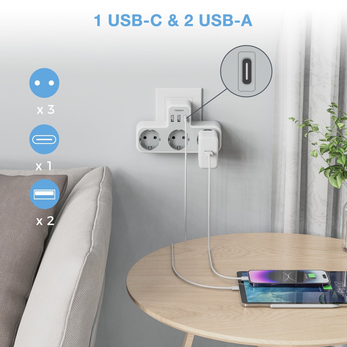 TESSAN European Wall Outlet, Socket Adapter, 3 DE Outlets with USB C, Multiple Plugs for charging