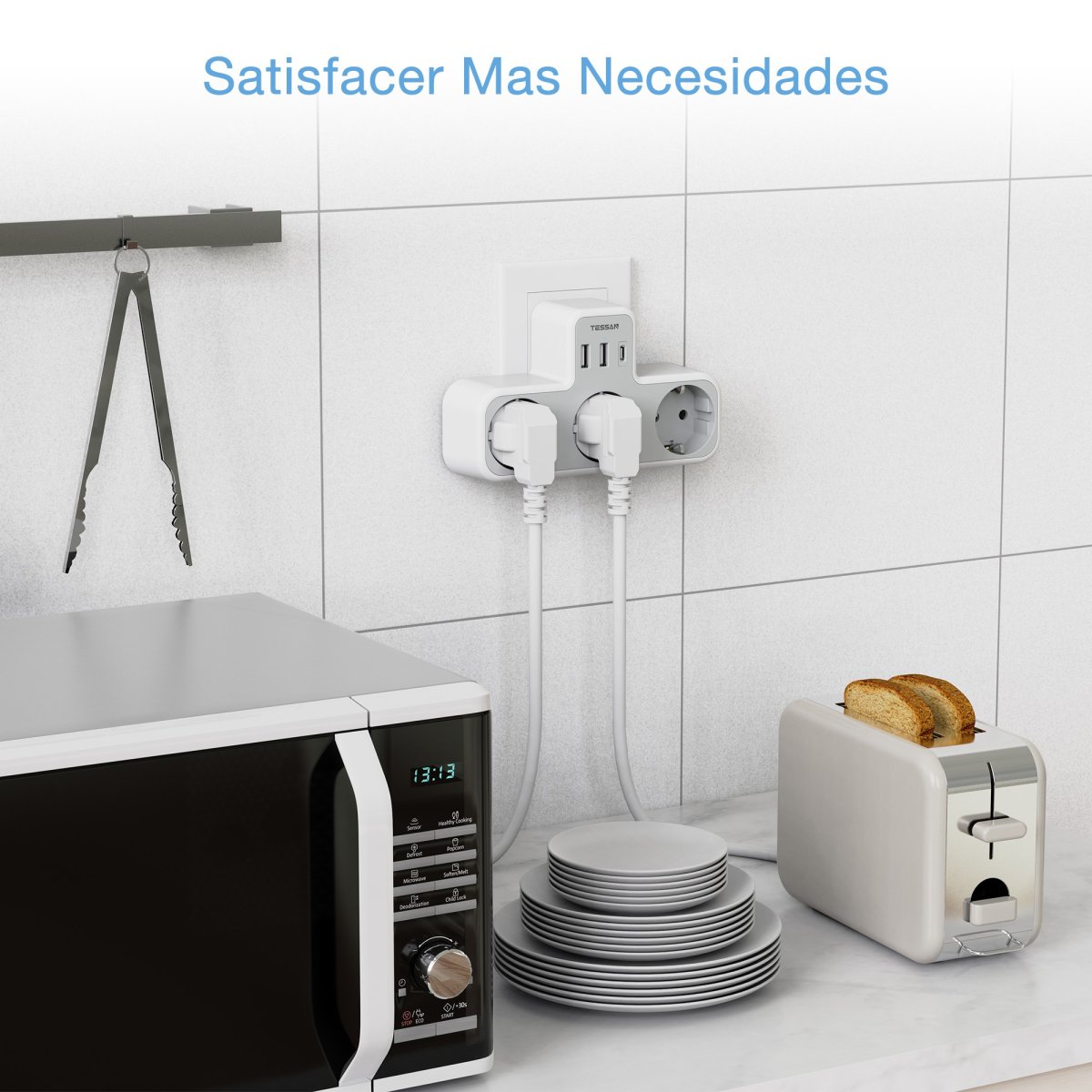 TESSAN European Wall Outlet, Socket Adapter, 3 DE Outlets with USB C, Multiple Plugs for charging
