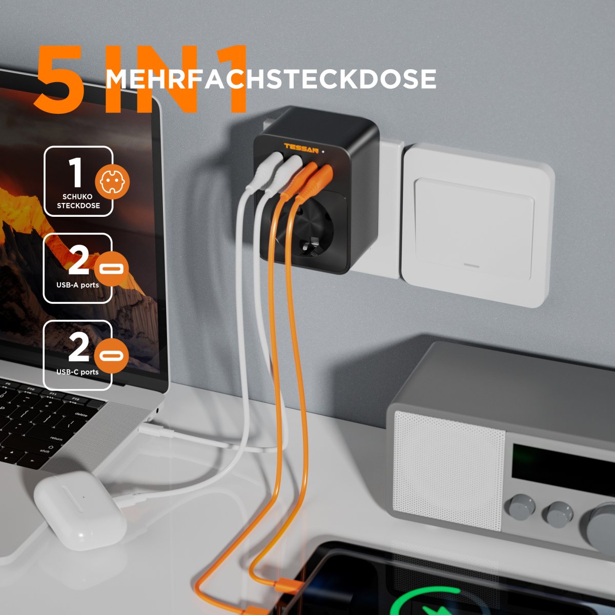 TESSAN European Wall Socket 30 W, Multiple Plugs for Socket, 3600W Socket Adapter with 4 USB, Power Plug Charger