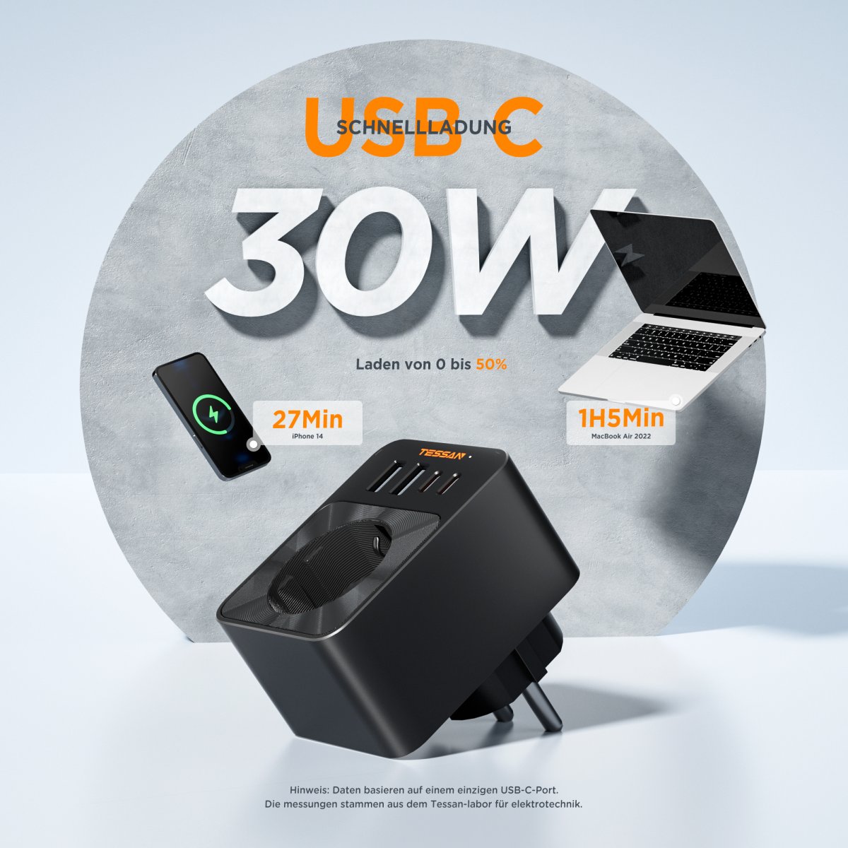TESSAN European Wall Socket 30 W, Multiple Plugs for Socket, 3600W Socket Adapter with 4 USB, Power Plug Charger