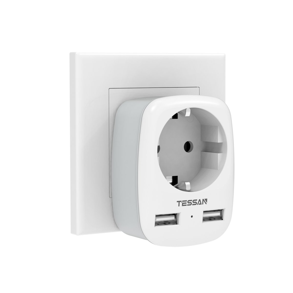 TESSAN European Wall Socket Adapter, 3-in-1 Socket Adapter with Double USB Plugs, USB Charger, Multi-plug Distributor Sockets