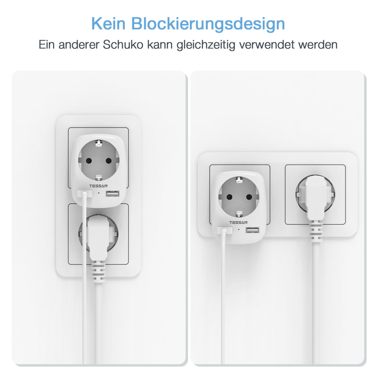 TESSAN European Wall Socket Adapter, 3-in-1 Socket Adapter with Double USB Plugs, USB Charger, Multi-plug Distributor Sockets
