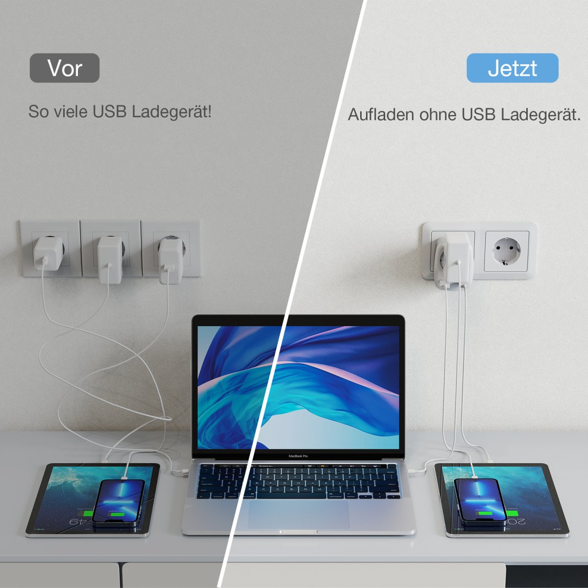 TESSAN European Wall Socket Adapter, 3-in-1 Socket Adapter with Double USB Plugs, USB Charger, Multi-plug Distributor Sockets